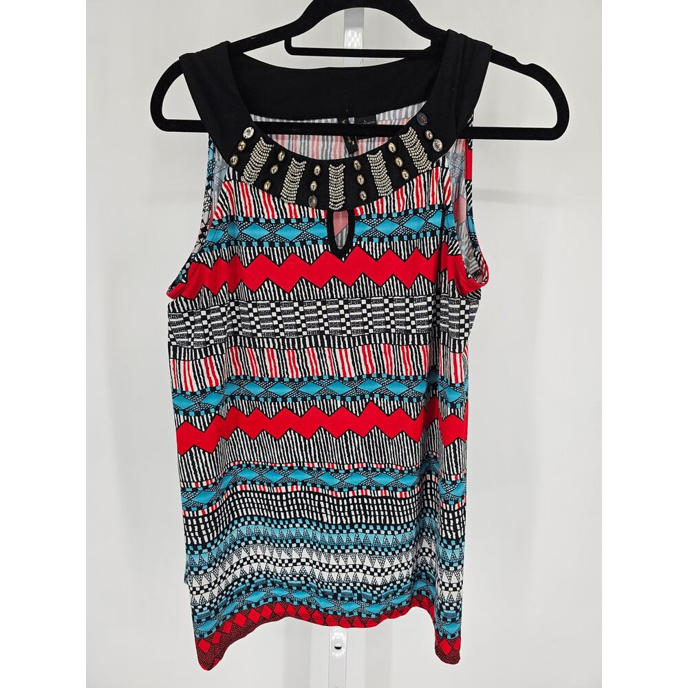 Nue Options Womens Sz L Sleeveless Blouse Beaded Neckline Aztec Print